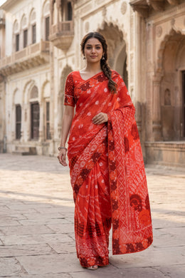 Red Chikankari Embroided Organza Saree 10078118