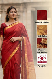Maroon Monotone Kanjivaram Pure Silk Saree With Zari Border 10077915
