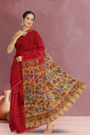 Red Kalamkari Printed Linen Saree 10074908