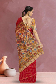 Red Kalamkari Printed Linen Saree 10074908