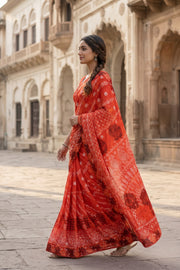 Red Chikankari Embroided Organza Saree 10078118