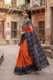 Orange Semi Tussar Saree with Zari Border 10078212