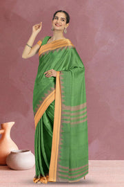 Green Handloom Korvai Kanchi Cotton Saree 10071657