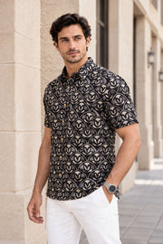 Black Half Sleeve Jahota Printed Cotton Mens Shirt 10076224
