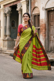 Lime Green Vegan Silk Kanjivaram Saree 10077940