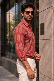 Red Full Sleeve Ajrakh Printed Cotton Mens Shirt 10071165