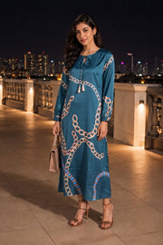 Teal Green Printed Vegan Charmeuse Silk Dress 10077276
