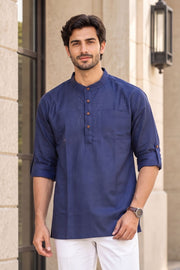 Blue Full Sleeve Slub Cotton Shirt Length Men's Kurta 10077838