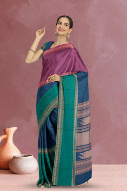 Blue Handloom Muppagam Kanchi Cotton Saree 10071676