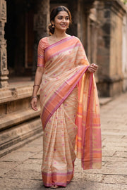 Cream Threadwork Handloom Kanjivaram Silk Saree 10067870
