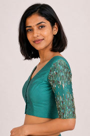 Teal Green Aari Embroidered Tussar Silk Blouse 10077720