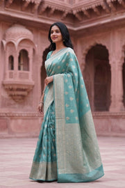 Sea Blue Handloom Banarasi Chiniya Silk Saree 10063227