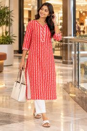 Red Printed Cotton Kurta 10075948