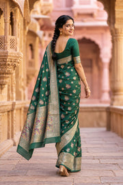Dark Green Handloom Banarasi Chiniya Silk Saree 10065484