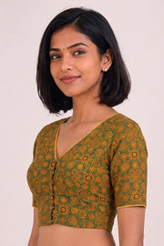 Green Ajrakh Printed Cotton Blouse 10072254