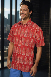 Maroon Half Sleeve Ajrakh Printed Cotton Mens Shirt 10071097