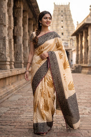 Wheat Glow Beige Hand Block Printed Chanderi Saree 10049151