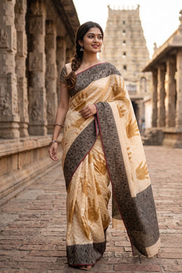 Wheat Glow Beige Hand Block Printed Chanderi Saree 10049151