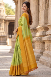 Green Korvai Kanjivaram Pure Silk Saree with Contrast Border 10077906
