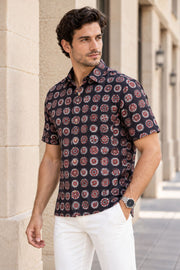 Black Half Sleeve Jahota Printed Cotton Mens Shirt 10074313