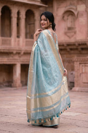 Sea Mist Blue Banarasi Tissue Silk Saree With Zari Border 10074278