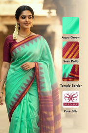 Blue Korvai Kanjivaram Pure silk saree with Temple Border 10077909