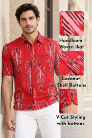 Red Half Sleeve Handloom Ikat Cotton Men's Shirt 10077856