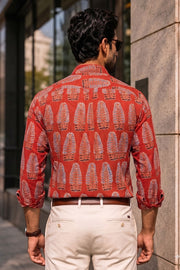 Red Full Sleeve Ajrakh Printed Cotton Mens Shirt 10071165