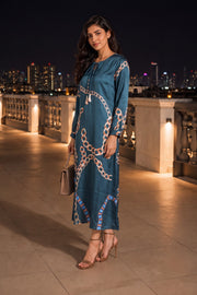 Teal Green Printed Vegan Charmeuse Silk Dress 10077276
