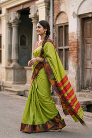Lime Green Vegan Silk Kanjivaram Saree 10077940
