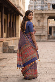 Ink Blue Printed Semi Tussar Silk Saree 10077219