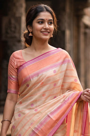 Cream Threadwork Handloom Kanjivaram Silk Saree 10067870