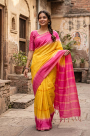Yellow Semi Tussar Saree with Zari Border 10078213