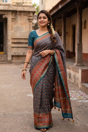 Peacock Blue Printed Semi Tussar Silk Saree 10077222