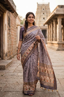 Grey Printed Semi Tussar Silk Saree 10077226