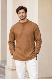 Brown Full Sleeve Slub Cotton Shirt Length Men's Kurta 10077840