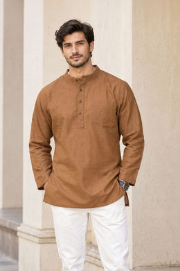 Brown Full Sleeve Slub Cotton Shirt Length Men's Kurta 10077840