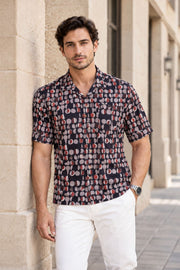 Black Half Sleeve Jahota Printed Cotton Mens Shirt 10074315