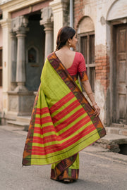 Lime Green Vegan Silk Kanjivaram Saree 10077940