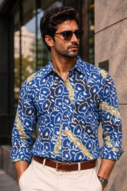 Blue Full Sleeve Ajrakh Printed Cotton Mens Shirt 10073001