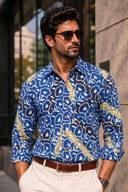 Blue Full Sleeve Ajrakh Printed Cotton Mens Shirt 10073001