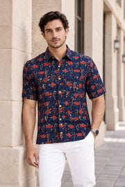 Blue Half Sleeve Jahota Printed Cotton Mens Shirt 10076223