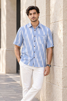 Blue Half Sleeve Handloom Ikat Cotton Men's Shirt 10077851