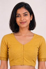 Mustard Yellow Aari Embroidered Mangalgiri Cotton Blouse 10070746