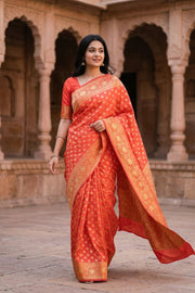 Sunburst Red Handloom Banarasi Dupion Silk Saree With Floral Border 10076558