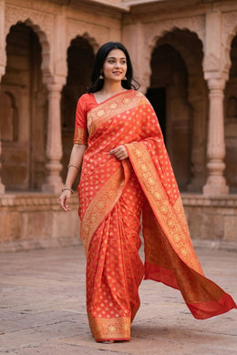 Sunburst Red Handloom Banarasi Dupion Silk Saree With Floral Border 10076558