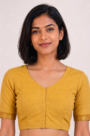 Mustard Yellow Aari Embroidered Mangalgiri Cotton Blouse 10077726