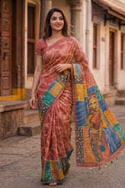 Brown Printed Semi Tussar Silk Saree With Tribal Motifs 10076268