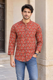 Red Full Sleeve Kalamkari Print Raglan Men's Shirt 10077844