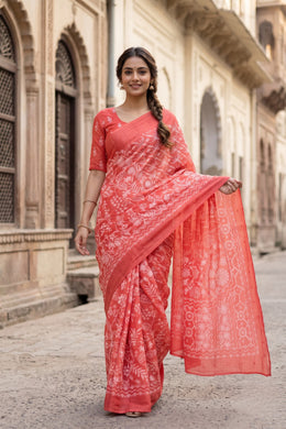 Coral PInk Chikankari Embroided Organza Saree 10078119